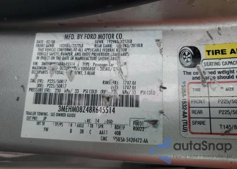 2008 Mercury Milan Premier из США, поврежденный, VIN 3MEHM08Z48R645514